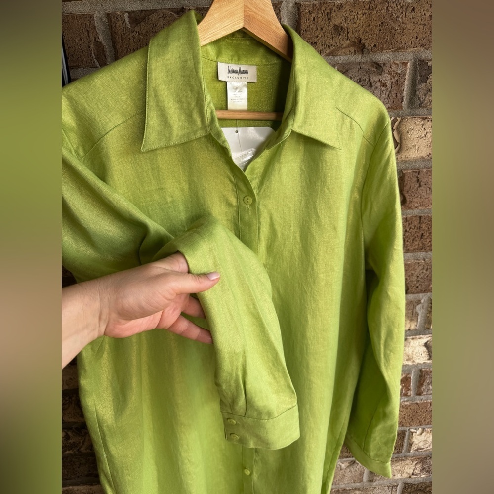 Neiman Marcus Exclusive Size L 100% Linen Green Shimmer Tunic Shirt NWOT - Picture 3 of 13
